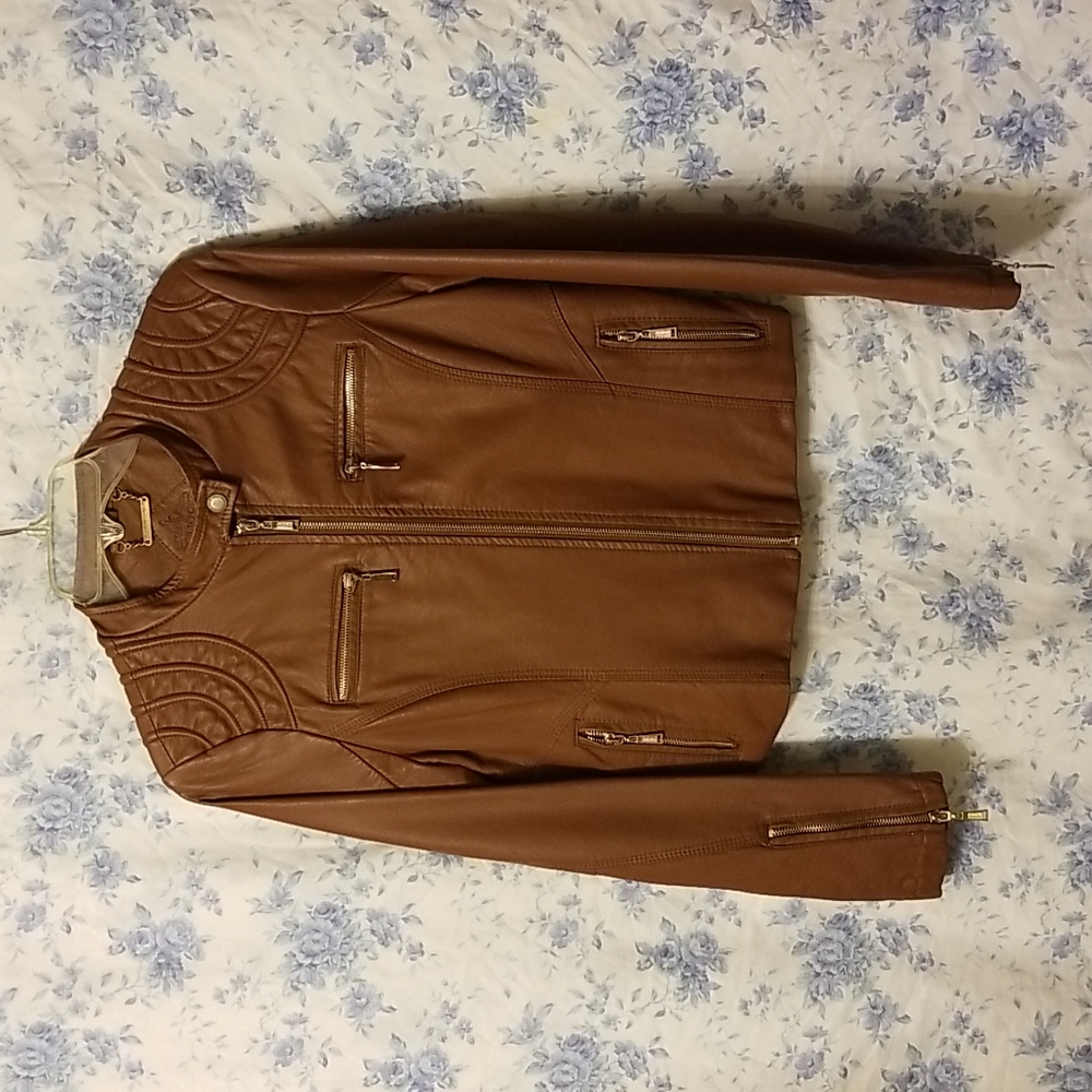 Ladies Brown Faux Leather Bomber Jacket L